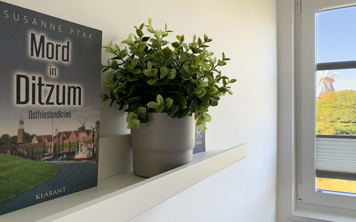 Mühlenblick aus Schlafzimmer Ferienhaus Endje van de Welt Ditzum
